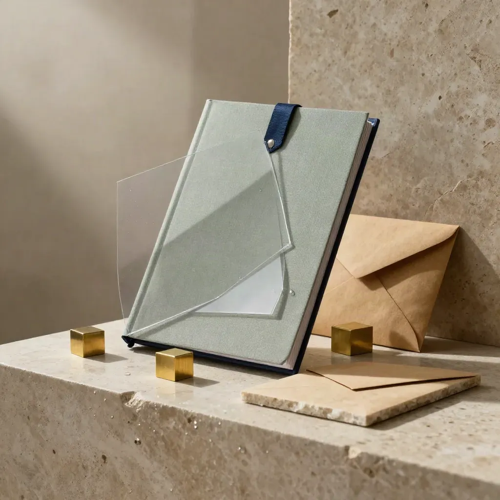 Strategiedossier, transparante vellen, messing paperweights en kraftenvelop op stenen plint.