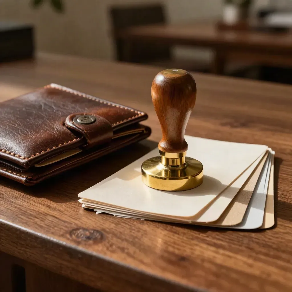 Brass stempel, leren receipt wallet en gevouwen samplekaarten op warme walnoothout.