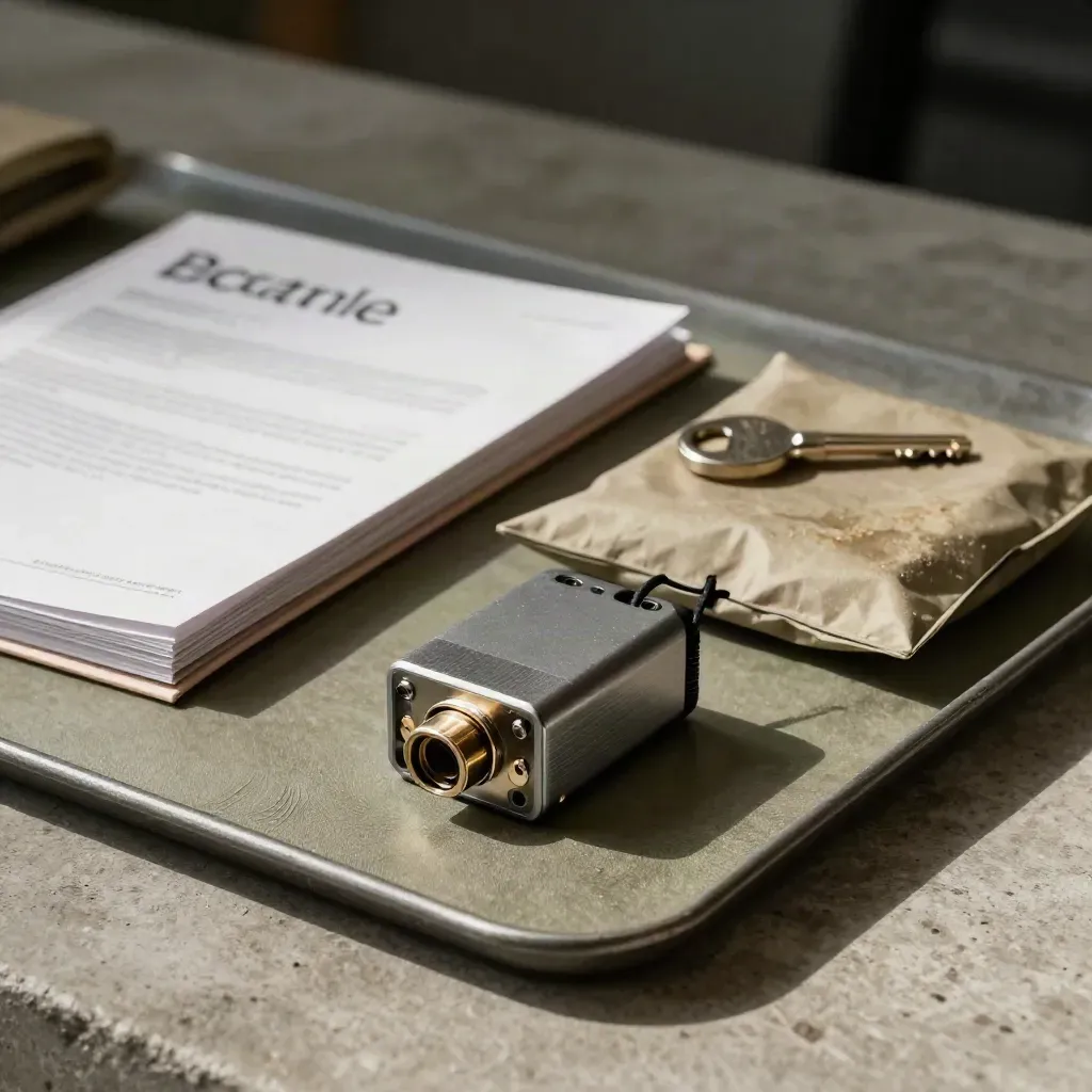 Anodized connectorblok, verzegeling en kabelbinder op beton met donkere bokeh.