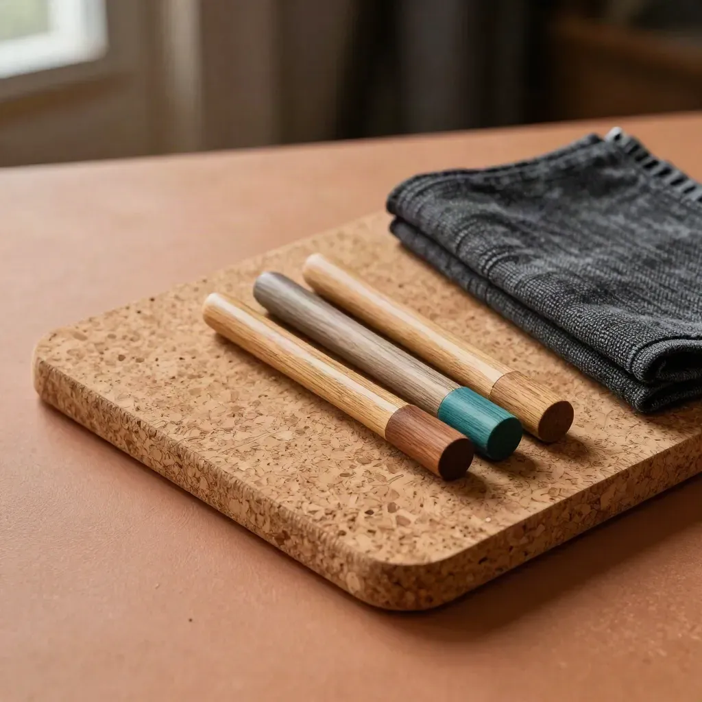 Kurk presentatiebord met houten markers en opgevouwen workshopdoek in warm terracottalicht.